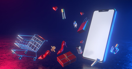 Wall Mural - Concept of e-commerce sales, online shopping, Annual discount, digital marketingr. All live in a futuristic atmosphere. 3D render.	