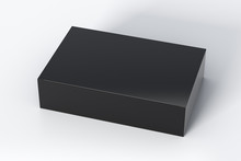 Blank Black Wide Flat Box With Closed Hinged Flap Lid On White Background. Clipping Path Around Box Mock Up. 3d Illustration