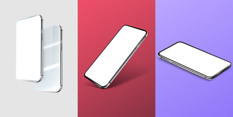 Wall Mural - Three mobile phone layouts, in different positions. Modern phone positions and trending color backgrounds (Red, white, blue). Well suited for your presentations and mockups. 3D. Vector illustration