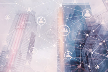 Wall Mural - smart city and social media people icons communication network on modern city background.