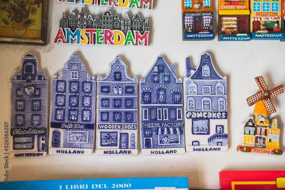 Traditional souvenirs from Amsterdam - fridge magnets, rows of ...