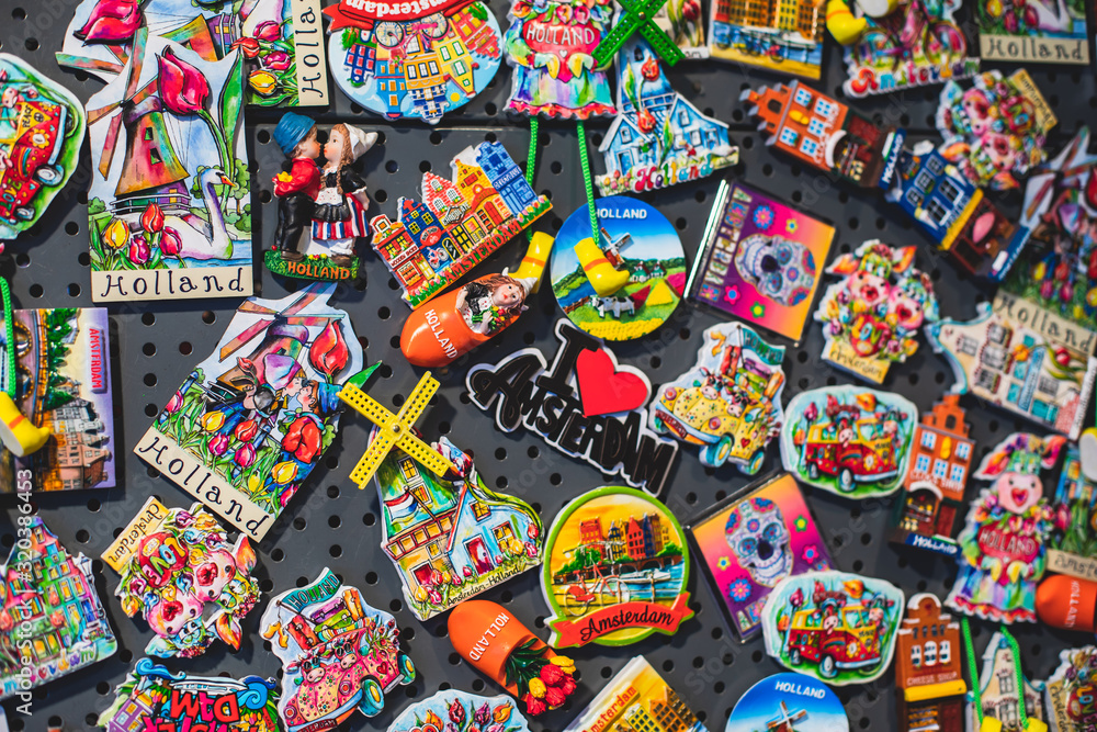Traditional souvenirs from Amsterdam - fridge magnets, rows of ...