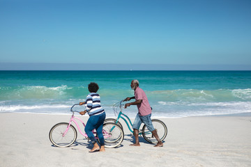 Wall Mural - Old couple with bikes at the beach