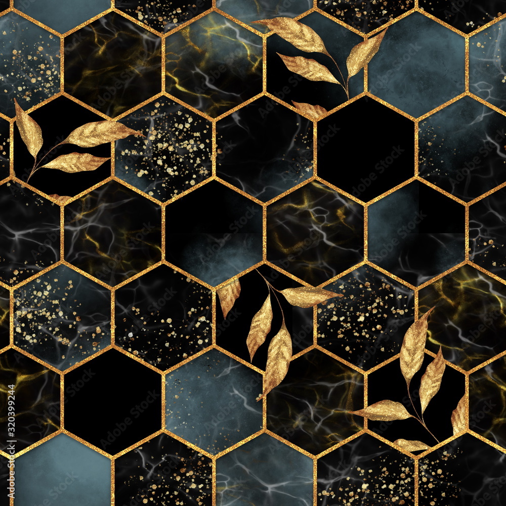 Marble hexagon seamless texture with golden leaves. Abstract background - obrazy, fototapety, plakaty 