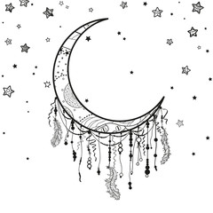 Wall Mural - dreamcatcher and many stars with abstract ornate patterns on isolation background. black and white i