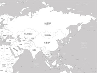 Wall Mural - Asia - white lands and grey water. High detailed political map of asian continent with country, capital, ocean and sea names labeling