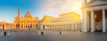 Panorama Of The Square And The Basilica Of St. Peter In The Vatican At Sunrise
