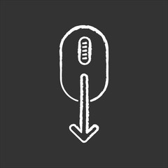 Mouse and down arrow chalk white icon on black background. Web page scrolling down indicator. Cursor direction. Website pointer, app interface button. Isolated vector chalkboard illustration