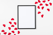 Elegant Composition For Valentine's Day. Photo Frame, Red Hearts On White Background. Valentine Day Concept, Design. Flat Lay, Top View, Copy Space