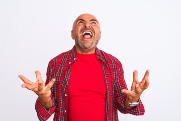 Middle age handsome man wearing casual shirt standing over isolated white background crazy and mad shouting and yelling with aggressive expression and arms raised. Frustration concept.