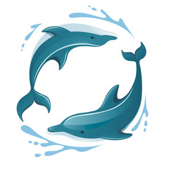 Wall Mural - Two dolphins playing in the water logo concept design cartoon animal flat vector illustration on white background