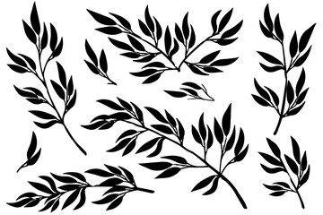 Sticker - Black silhouette set of hand drawn tree branches with leaves botanical flowers floral hand drawn scandinavian style art design element flat vector illustration