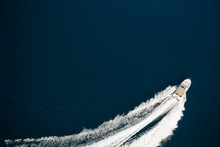 Speed Boat In Mediterranean Sea, Aerial View