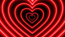 Red Neon Heart Shape 3D Rendering  In Perspective Tunnel