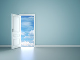 Room interior with open door to blue sky