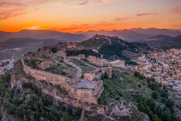 Aerial sunset panorama view of Sagunto (Sagunt) fortress near Valencia Spain