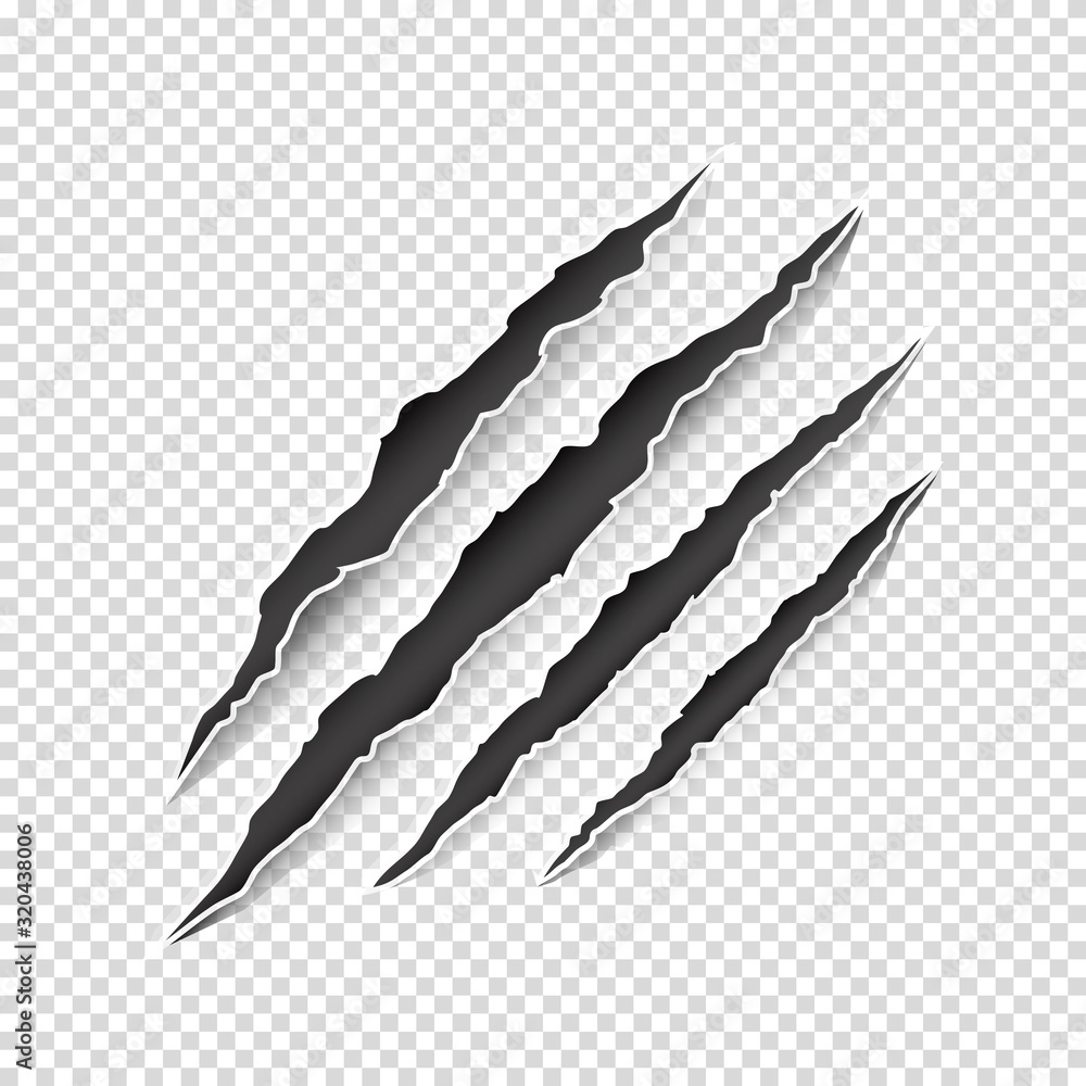 Vector illustration of animal claw scratches isolated on transparent background - obrazy, fototapety, plakaty 