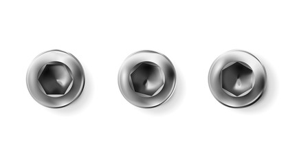 Set metal imbus screw, bolt with a cylindrical head. Shiny cap twisted in surface isolated on white background. Macro chrome top view of wide a hat metalwares. Vector illustration.