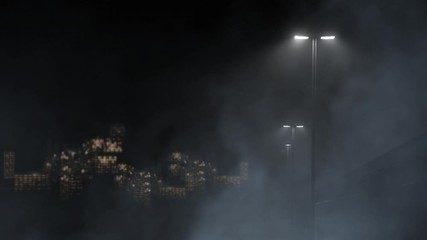 Wall Mural - City Silhouette Street Lamps with Fog 4K Loop features fog rolling by with street lights in the foreground and twinkling lights of a city silhouette in the background in a loop