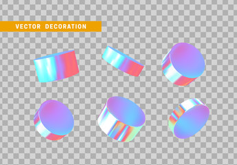Cylinder 3d objects geometric shape. Set Round timber isolated with colorful hologram chameleon color gradient. vector illustration