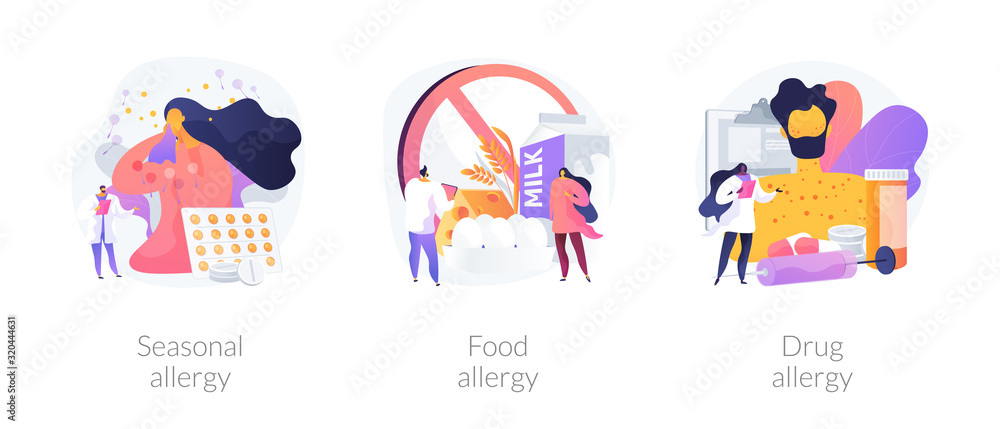 Allgey Allergy types abstract concept vector illustration set. Seasonal food ...