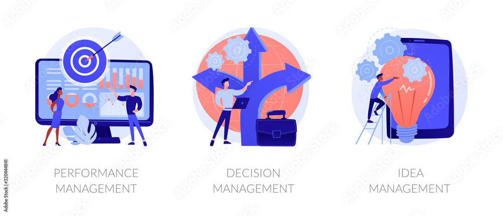Workflow optimization, business direction choosing, startup launch icons set. Performance management, decision management, idea management metaphors. Vector isolated concept metaphor illustrations - obrazy, fototapety, plakaty 