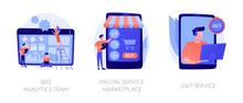 Business Teamwork, Internet Commerce, Customer Support Icons Set. Seo Analytics Team, Digital Service Marketplace, 24-7 Service Metaphors. Vector Isolated Concept Metaphor Illustrations