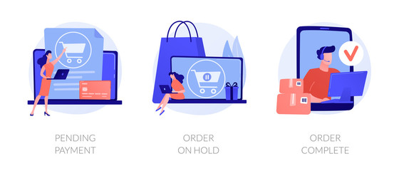 Wall Mural - Electronic payment system, internet shopping, commercial business icons set. Pending payment, order on hold, order complete metaphors. Vector isolated concept metaphor illustrations
