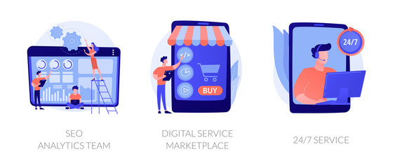 Wall Mural - business teamwork, internet commerce, customer support icons set. seo analytics team, digital servic