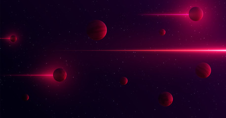 Wall Mural - planets 3d on background of stars and galaxy. light abstract lines of gamma rays pass through space.