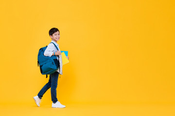 Handsome 10 year-old schoolboy holding books and backpack