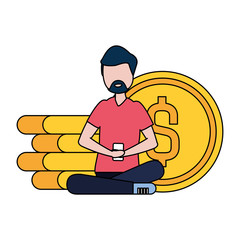 Sticker - man with smartphone and coins avatar character