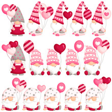 A Vector Set Of Cute Valentine Gnome Holding Balloons For Sweet Celebration