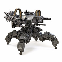 Futuristic Heavily Armored Quad Legged Land Drone Military Assault Weapon Concept Capable Of Traversing Uneven Terrain And Delivering Tremendous Firepower. 3d Rendering Isolated On White Background