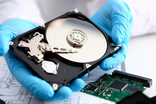 A Male Repairman Wearing Blue Gloves Is Holding A Hard Drive From Computer Or Laptop In Hands. Performs Fault Diagnostics And Performs Urgent Repairs Recovery Of Lost Data During Deletion HDD Closeup