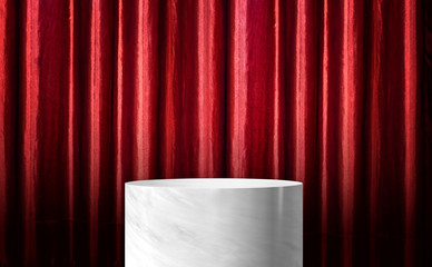 Wall Mural - Product display glossy white marble cylinder stand with red curtain wall background.Banner mockup space for display of product design