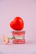 Funny orthodontic  dental model with red heart and rose flower on pink background. Demonstration teeth model of varities of orthodontic bracket or brace. St valentines day concept