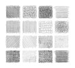 Set of grunge textures with pencil, pen. scribble thin line, squares with different hatching, engraving. Set of rectangular shapes with free hand lines for design. Vector illustration.
