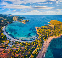 Wall Mural - View from flying drone. Exotic spring view of Rondinara beach. Exciting morning seascape of Mediterranean sea. Attractive scene of Corsica island, France, Europe. Beauty of nature concept background..
