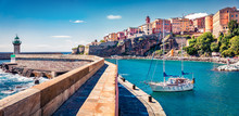 Panoramic Spring Cityscape Of Bastia Port. Sunny Morning View Of Corsica Island, France, Europe. Attractive Mediterranean Seascape With Yacht And Lighthouse. Traveling Concept Background..