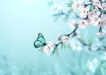 Aufkleber - Beautiful magic spring scene with cherry flowers and butterfly