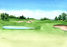 View Of Golf Course With Beautiful Green Field With A Rich Turf And Small Lake. Hand Drawn Watercolor Illustration And Background