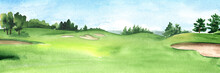 View Of Golf Course With Beautiful Green Field With A Rich Turf. Hand Drawn Watercolor Illustration And Background