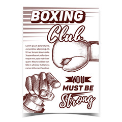 Wall Mural - Boxing Sportive Club Advertising Banner Vector. Box Glove With Elastic Cuffs And Padded Protects Knuckles And Man Hand Pointing Gesture. Template Designed In Vintage Style Monochrome Illustration