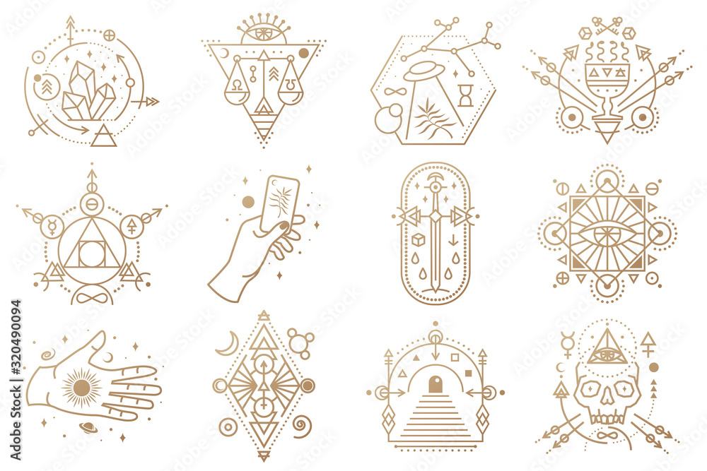 Esoteric symbols. Vector. Thin line geometric badge. Outline icon for alchemy, sacred geometry. Mystic and magic design with crystals, sun, ufo flying, stars, gate to another world and moon. - obrazy, fototapety, plakaty 