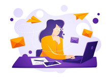 Vector Illustration Business Women Sit On Laptop, Check And Send Emails. Email Service Concept.