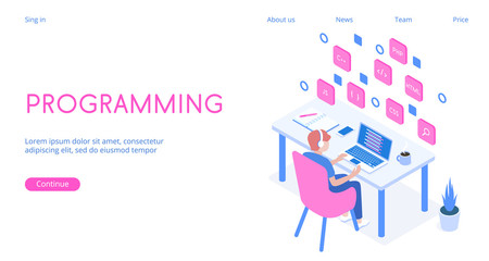 Stylish vector isometric 3d Programming, programmer at work illustration.