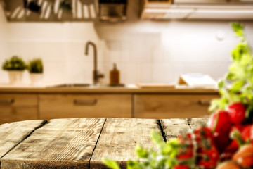 Table background of free space and kitchen interior 