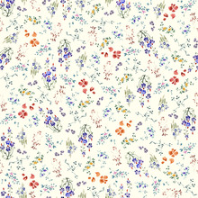 Seamless Pattern For Calico Fabric With Small Flowers, Branches, And Bushes Painted With Watercolor Thin Brush.
