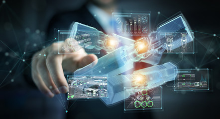 Poster - Man holding and touching green renewable energy battery 3D rendering